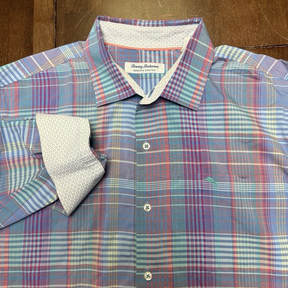 Tommy Bahama Sarasota Stretch Mens Shirt XL Long Sleeve Button Up Plaid Coolmax - Picture 1 of 7